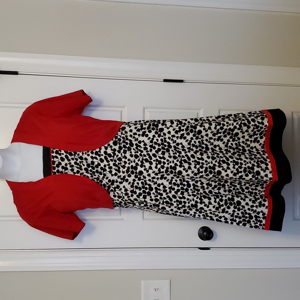 Black & white dress with elastic bodice & adjustable button strap w/ red sweater